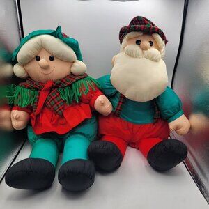 Vintage TBTrading SANTA & MRS CLAUS Large 22" Nylon Puffy Tartan Christmas Set